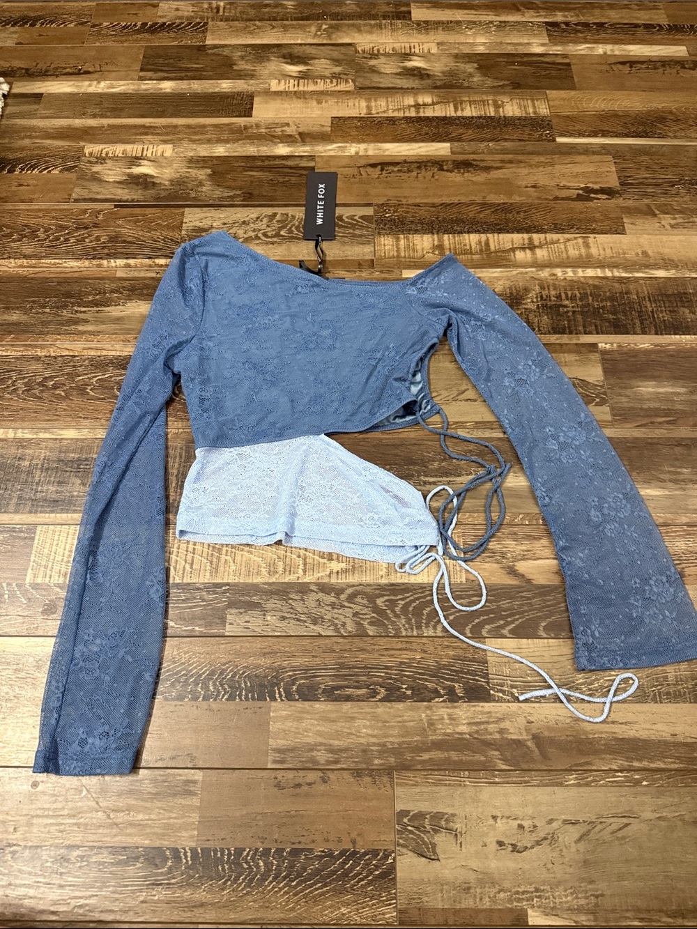White Fox Boutique Blue Lace Long Sleeve Ruched Side Crop Top